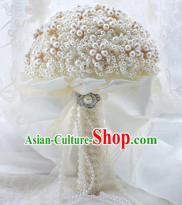 Chinese Traditional Wedding Bridal Bouquet White Pearls Flowers Bunch for Women