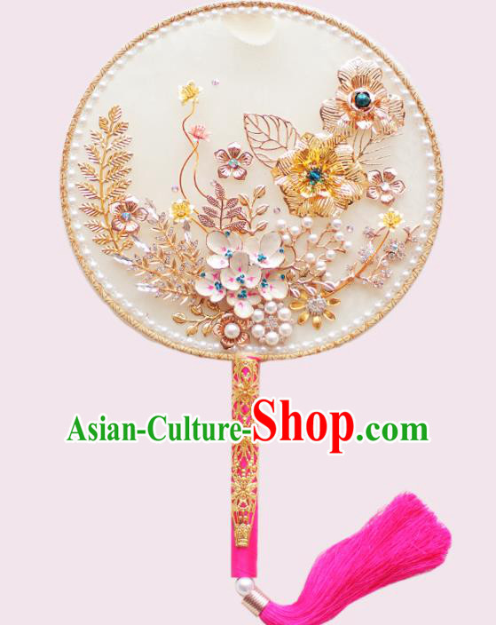 Chinese Traditional Wedding Round Fans Classical Bride Golden Flower Palace Fan for Women