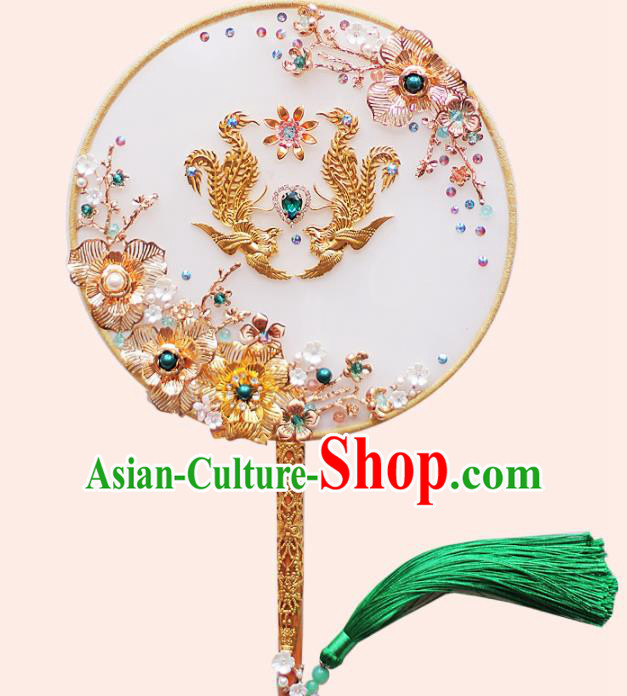 Chinese Traditional Wedding Round Fans Classical Bride Golden Phoenix Palace Fan for Women