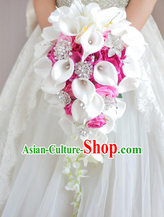 Top Grade Wedding Bridal Bouquet Hand Pink Roses Common Callalily Bunch for Women