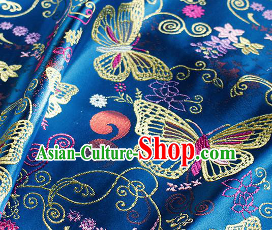Asian Chinese Royal Butterfly Pattern Blue Brocade Fabric Traditional Silk Fabric Tang Suit Material