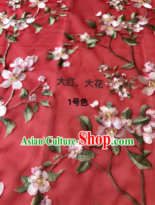 Asian Chinese Embroidered Peach Blossom Pattern Red Silk Fabric Material Traditional Cheongsam Brocade Fabric