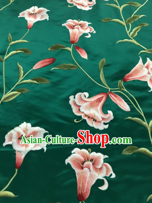 Asian Chinese Embroidered Lily Flowers Pattern Green Silk Fabric Material Traditional Cheongsam Brocade Fabric