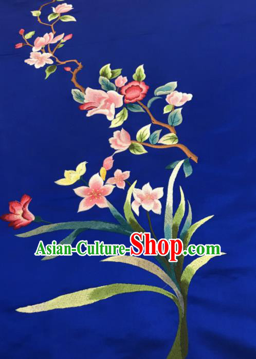 Asian Chinese Embroidered Orchid Pattern Royalblue Silk Fabric Material Traditional Cheongsam Brocade Fabric