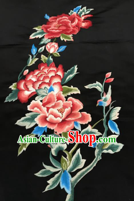 Asian Chinese Embroidered Peony Pattern Black Silk Fabric Material Traditional Cheongsam Brocade Fabric