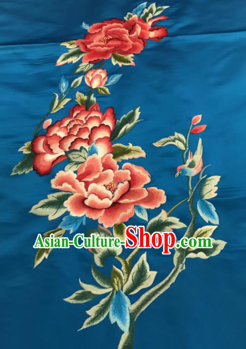 Asian Chinese Embroidered Peony Pattern Blue Silk Fabric Material Traditional Cheongsam Brocade Fabric