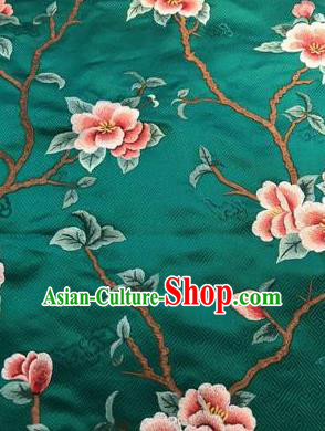 Asian Chinese Suzhou Embroidered Peach Blossom Pattern Green Silk Fabric Material Traditional Cheongsam Brocade Fabric