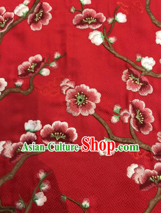Asian Chinese Suzhou Embroidered Wintersweet Pattern Red Silk Fabric Material Traditional Cheongsam Brocade Fabric