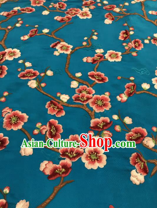 Asian Chinese Suzhou Embroidered Wintersweet Pattern Blue Silk Fabric Material Traditional Cheongsam Brocade Fabric