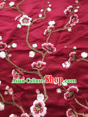 Asian Chinese Suzhou Embroidered Wintersweet Pattern Wine Red Silk Fabric Material Traditional Cheongsam Brocade Fabric
