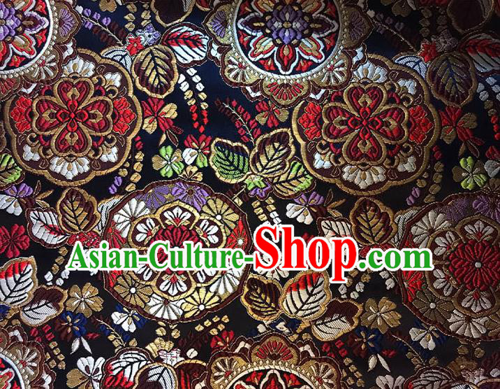 Asian Chinese Royal Flowers Pattern Black Brocade Fabric Traditional Silk Fabric Kimono Material
