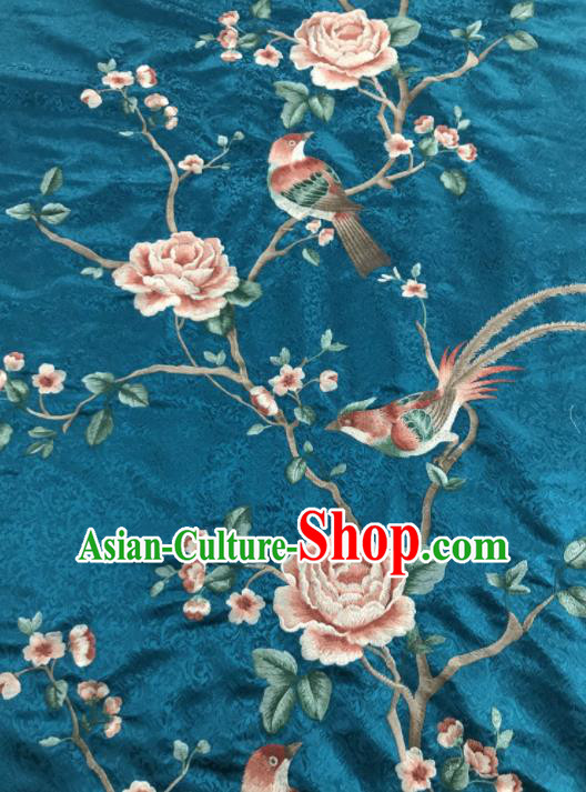 Asian Chinese Royal Embroidered Peony Birds Pattern Green Brocade Fabric Traditional Cheongsam Silk Fabric Material