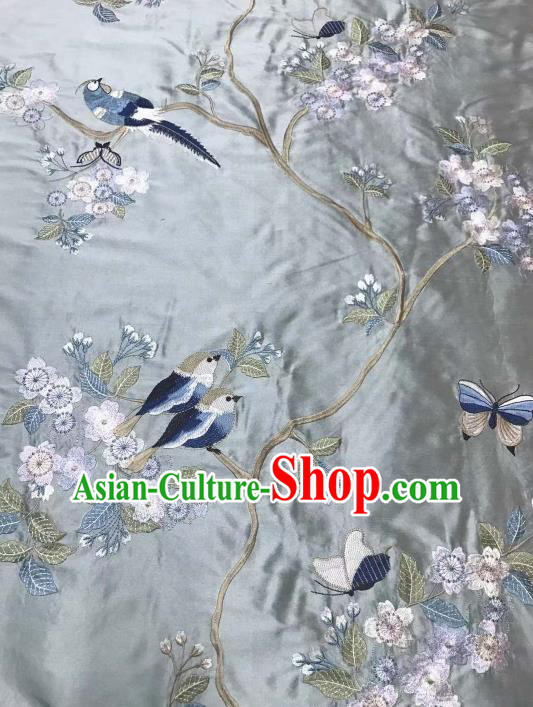 Asian Chinese Royal Embroidered Plum Blossom Pattern Blue Brocade Fabric Traditional Cheongsam Silk Fabric Material