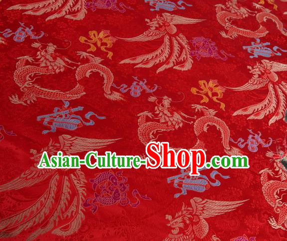 Asian Chinese Traditional Dragon Phoenix Pattern Red Nanjing Brocade Fabric Tang Suit Silk Material