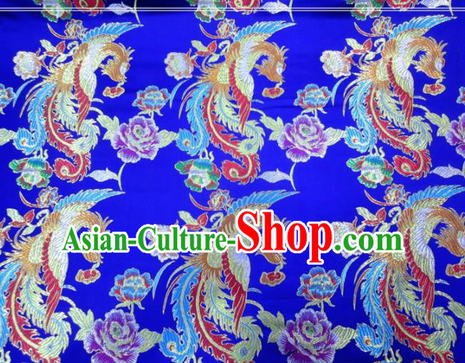 Asian Chinese Traditional Phoenix Peony Pattern Royalblue Nanjing Brocade Fabric Tang Suit Silk Material