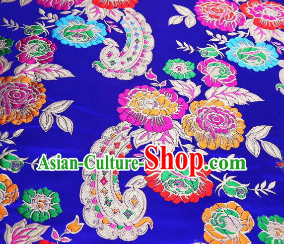 Asian Chinese Traditional Peony Flowers Pattern Royalblue Satin Nanjing Brocade Fabric Tang Suit Silk Material