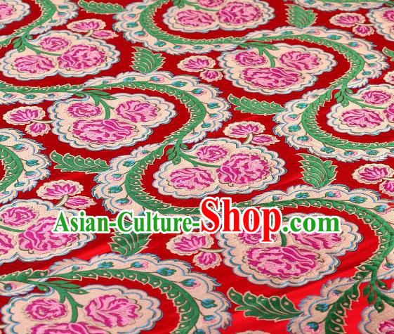 Asian Chinese Traditional Red Satin Peony Pattern Nanjing Brocade Fabric Tang Suit Silk Material