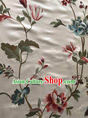 Asian Chinese Suzhou Embroidered Twine Peony Pattern White Silk Fabric Material Traditional Cheongsam Brocade Fabric