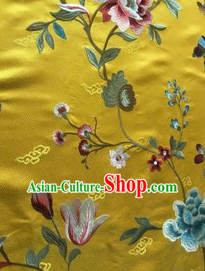 Asian Chinese Suzhou Embroidered Twine Peony Pattern Yellow Silk Fabric Material Traditional Cheongsam Brocade Fabric