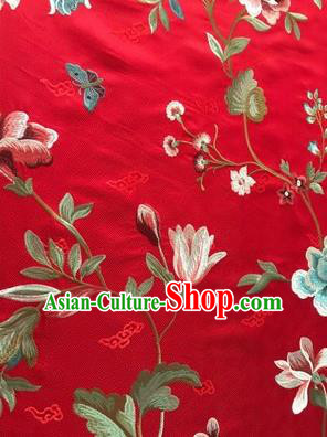 Asian Chinese Suzhou Embroidered Twine Peony Pattern Red Silk Fabric Material Traditional Cheongsam Brocade Fabric