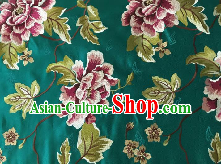 Asian Chinese Traditional Cheongsam Green Brocade Fabric Suzhou Embroidered Peony Pattern Silk Fabric Material