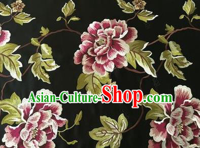 Asian Chinese Traditional Cheongsam Black Brocade Fabric Suzhou Embroidered Peony Pattern Silk Fabric Material