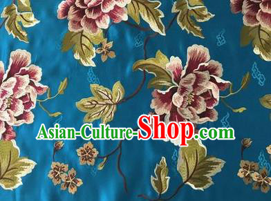 Asian Chinese Traditional Cheongsam Blue Brocade Fabric Suzhou Embroidered Peony Pattern Silk Fabric Material