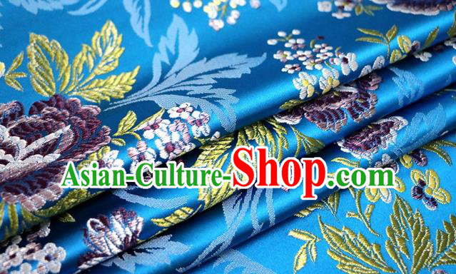 Asian Chinese Traditional Tang Suit Blue Nanjing Brocade Fabric Royal Peony Pattern Silk Fabric Material