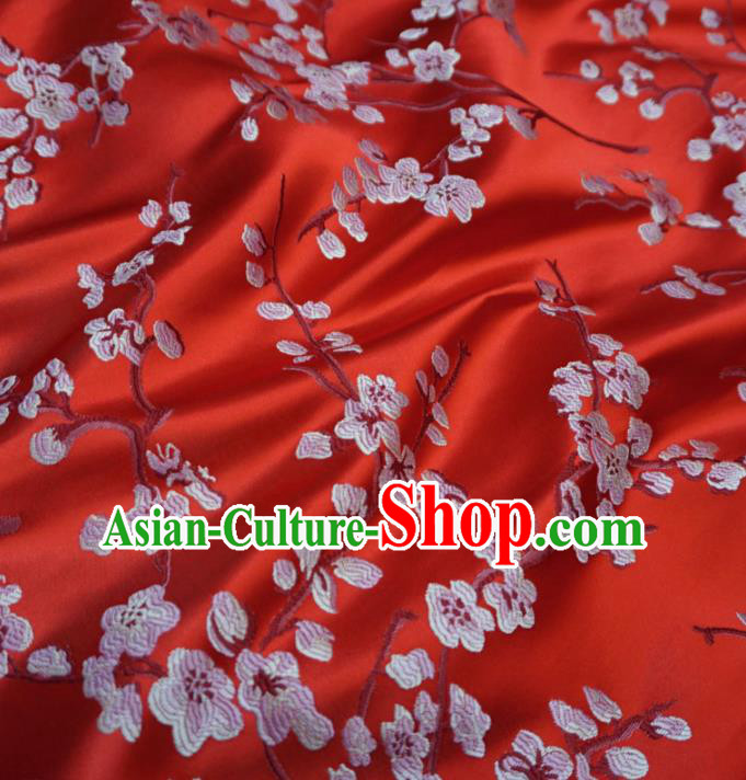 Asian Chinese Traditional Brocade Fabric Embroidered Plum Blossom Pattern Red Satin Tang Suit Silk Material