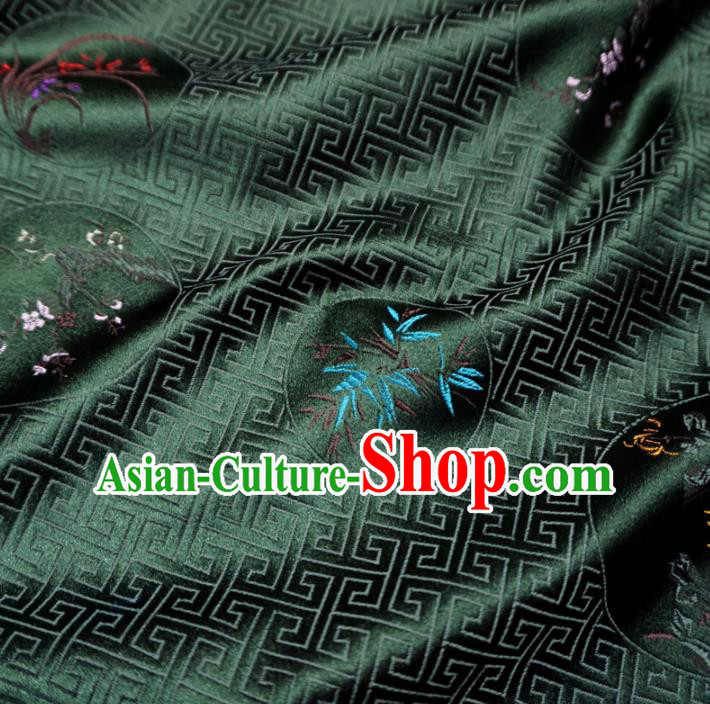 Asian Chinese Traditional Deep Green Brocade Fabric Plum Blossom Orchid Bamboo and Chrysanthemum Pattern Tang Suit Silk Material