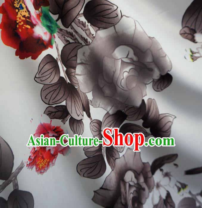 Asian Chinese Ink Painting Peony Design Pattern Brocade Traditional Cheongsam Satin Fabric Tang Suit Silk Material