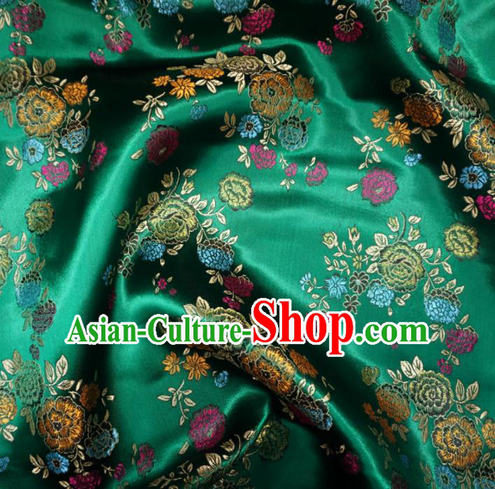 Asian Chinese Classical Peony Design Pattern Green Brocade Traditional Cheongsam Satin Fabric Tang Suit Silk Material