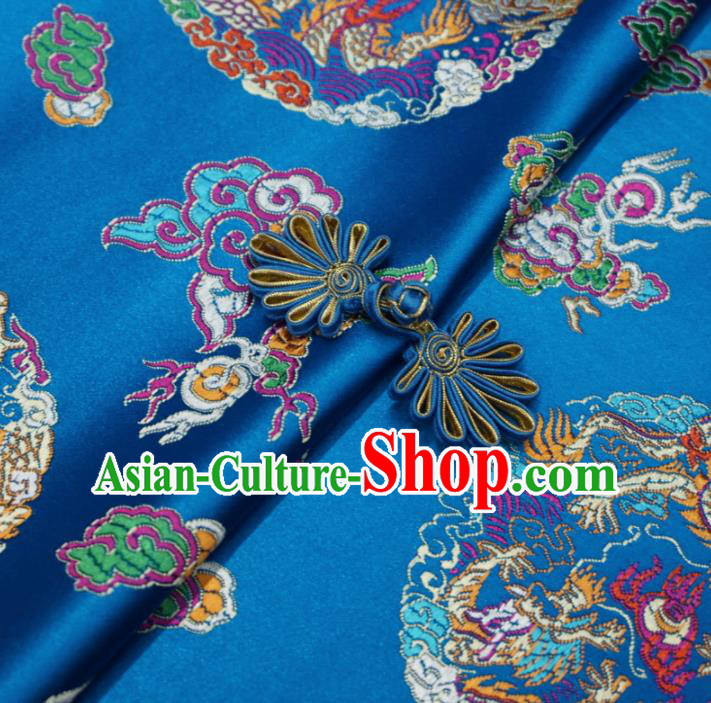 Asian Chinese Traditional Cheongsam Satin Fabric Classical Dragons Pattern Blue Brocade Tang Suit Silk Material