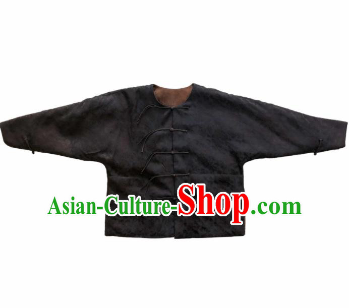 Chinese Traditional Costume National Black Silk Cotton Padded Jacket for Women