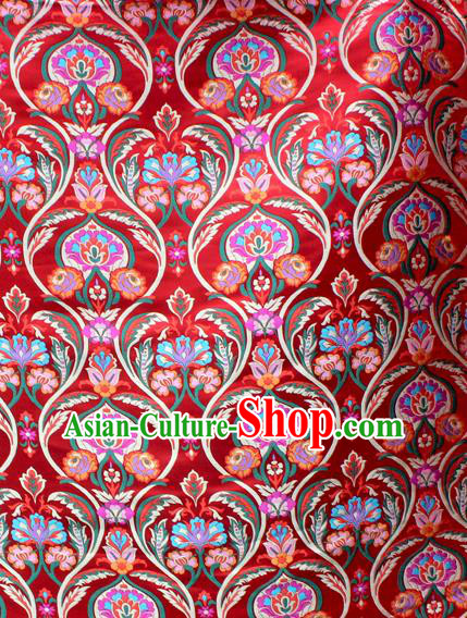 Asian Chinese Classical Tulip Flowers Pattern Red Nanjing Brocade Traditional Tibetan Robe Satin Fabric Silk Material