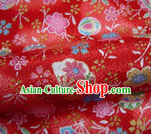Asian Traditional Classical Sakura Fan Pattern Red Tapestry Satin Brocade Fabric Japanese Kimono Silk Material