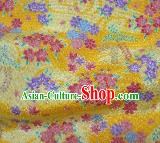 Asian Traditional Classical Oriental Cherry Pattern Yellow Tapestry Satin Brocade Fabric Japanese Kimono Silk Material