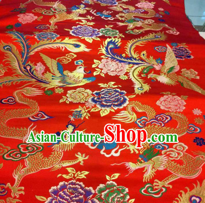 Asian Chinese Classical Dragon Phoenix Peony Pattern Red Brocade Traditional Tibetan Robe Satin Fabric Silk Material
