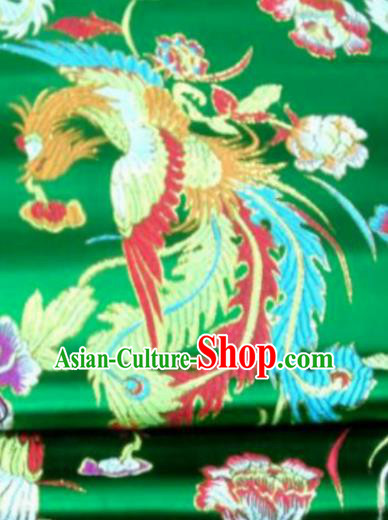 Asian Chinese Classical Phoenix Peony Pattern Green Brocade Traditional Tibetan Robe Satin Fabric Silk Material
