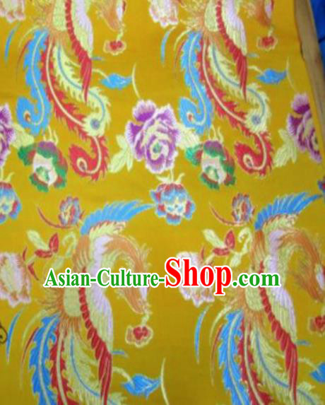 Asian Chinese Classical Phoenix Peony Pattern Yellow Brocade Traditional Tibetan Robe Satin Fabric Silk Material