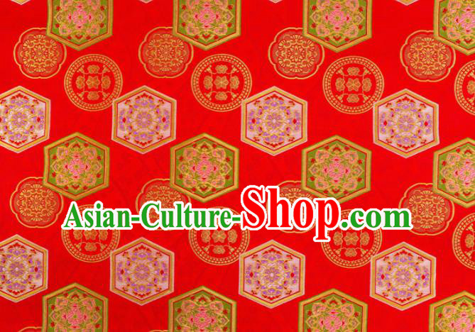 Asian Traditional Classical Tortoiseshell Pattern Nishijin Red Brocade Fabric Japanese Kimono Satin Silk Material