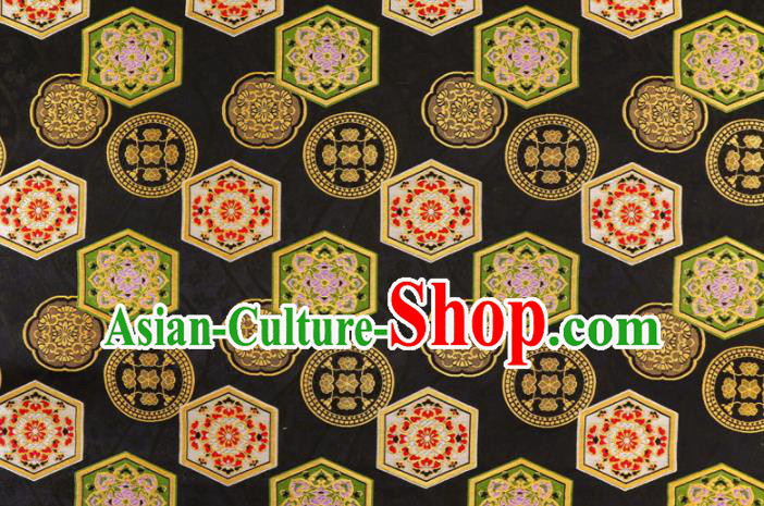 Asian Traditional Classical Tortoiseshell Pattern Nishijin Black Brocade Fabric Japanese Kimono Satin Silk Material