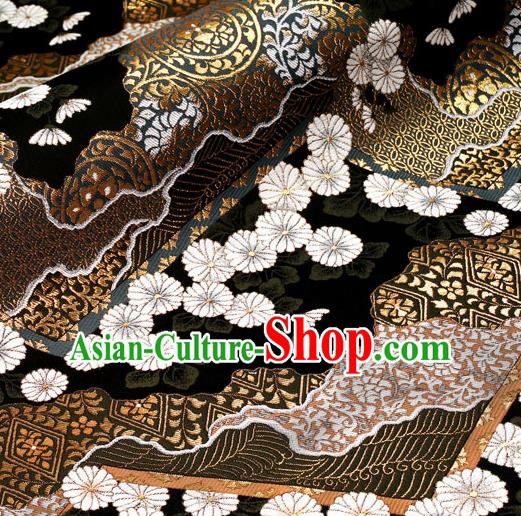 Asian Traditional Classical Daisy Pattern Nishijin Black Brocade Fabric Japanese Kimono Satin Silk Material