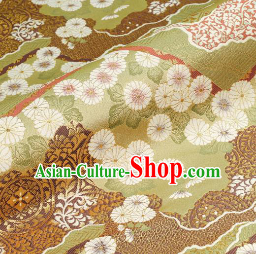 Asian Traditional Classical Daisy Pattern Nishijin Green Brocade Fabric Japanese Kimono Satin Silk Material