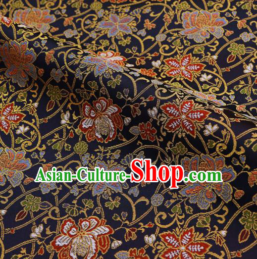 Asian Traditional Classical Flowers Pattern Nishijin Navy Brocade Fabric Japanese Kimono Satin Silk Material