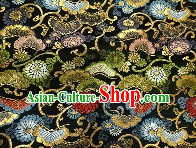 Asian Traditional Classical Chrysanthemum Pattern Black Tapestry Satin Nishijin Brocade Fabric Japanese Kimono Silk Material