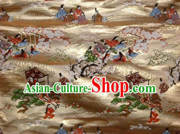 Asian Traditional Classical Genji Sakura Pattern Golden Tapestry Satin Nishijin Brocade Fabric Japanese Kimono Silk Material