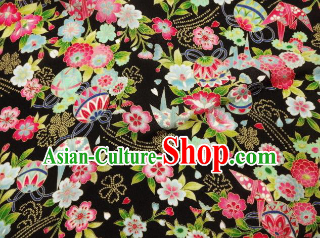 Asian Traditional Classical Bell Flowers Pattern Black Tapestry Satin Nishijin Brocade Fabric Japanese Kimono Silk Material