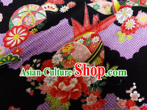 Asian Traditional Classical Paper Crane Peony Pattern Black Tapestry Satin Nishijin Brocade Fabric Japanese Kimono Silk Material