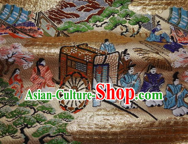 Asian Traditional Classical Genji Monogatari Pattern Golden Tapestry Satin Nishijin Brocade Fabric Japanese Kimono Silk Material
